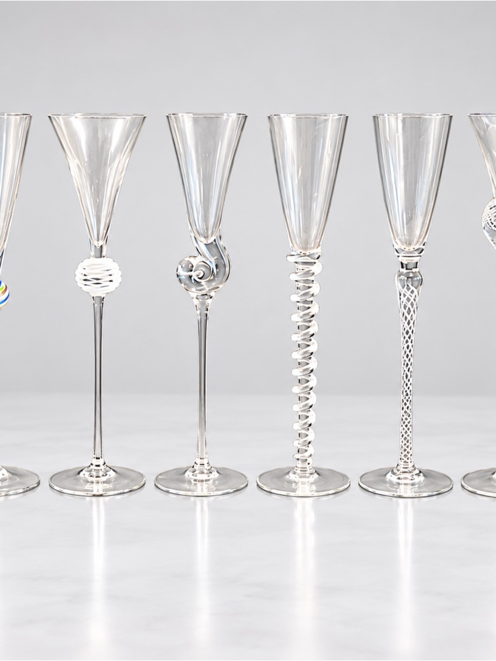 Rosenthal Clear Glass Champagne Flutes Set with Decorative Stems